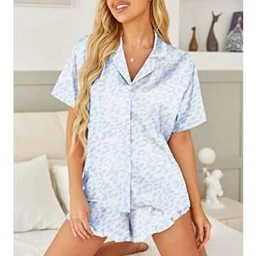 HOTOUCH Womens Pajama Sets Button Up Silk Pjs Short Sleeve Lounge Set Sexy Lingerie Ruffle Bridal Pj Blue Leopard S