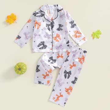 Fsadfeas Kids Baby Girl Halloween Pajamas Toddler Satin Set Pumpkin Boo Button Down Shirt Long Pants...