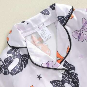 Fsadfeas Kids Baby Girl Halloween Pajamas Toddler Satin Set Pumpkin Boo Button Down Shirt Long Pants Sleepwear Lounge Outfit (Bow Purple, 3-4 Years)