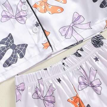 Fsadfeas Kids Baby Girl Halloween Pajamas Toddler Satin Set Pumpkin Boo Button Down Shirt Long Pants Sleepwear Lounge Outfit (Bow Purple, 3-4 Years)
