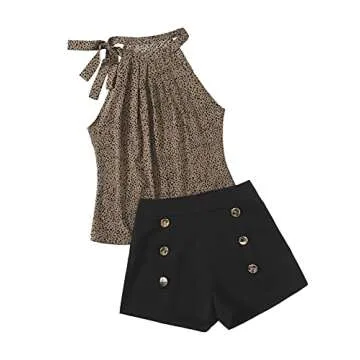 SweatyRocks Women's Floral Printed Summer Romper Boho Beach 2 Piece Outfits Top with Shorts Dalmatian Black XL