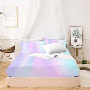 Vibrant MUSOLEI Girls Fitted Sheet Set - Cozy Rainbow Design