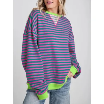 Fisoew Womens Striped Oversized Sweatshirt Color Block Crew Neck Long Sleeve Shirt Casual Loose Pullover Top Y2K Clothes Pink
