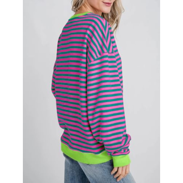 Fisoew Womens Striped Oversized Sweatshirt Color Block Crew Neck Long Sleeve Shirt Casual Loose Pullover Top Y2K Clothes Pink