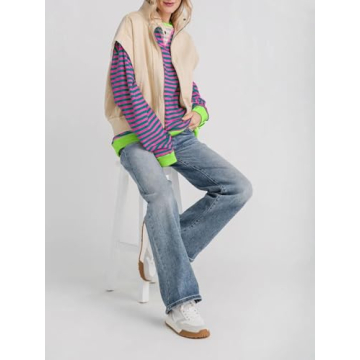 Fisoew Womens Striped Oversized Sweatshirt Color Block Crew Neck Long Sleeve Shirt Casual Loose Pullover Top Y2K Clothes Pink