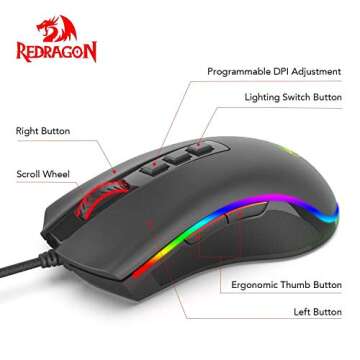 Redragon M711 Cobra Gaming Mouse with 16.8 Million RGB Color Backlit, 10,000 DPI Adjustable, Comfort...