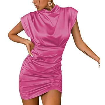 LYANER Women's Satin Silk Shoulder Pad Ruched Bodycon Sleeveless Mini Tank Dress Rose Pink Medium