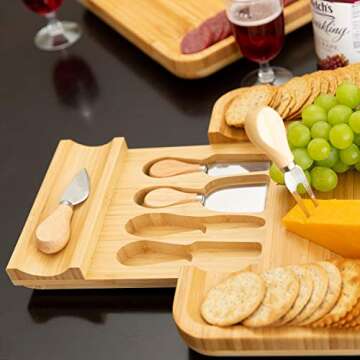 Frux Cheese Board and Knife Set. Wood Charcuterie Board Set, A Perfect Serving Platter for Meat, Cheese, Crackers and Wine. All Natural Bamboo with 4 Stainless Steel Cheese Knives and Server.