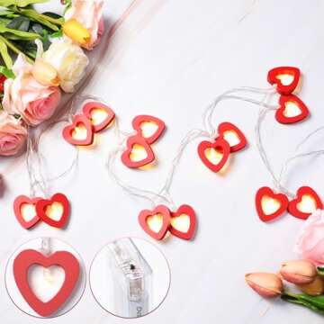 Mudder Valentine's Day Fairy String Lights 10 ft 20 LED Wooden Heart Red Pink String Lights for Valentine Wedding Garden Bedroom Party Decoration(Red)