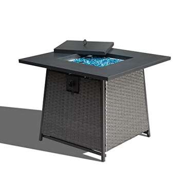 Domi Outdoor Living 28in Gas Fire Pit Table,50,000 BTU Outdoor Wicker Patio Propane Firepit w/Blue G...