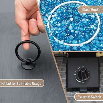 Domi Outdoor Living 28in Gas Fire Pit Table,50,000 BTU Outdoor Wicker Patio Propane Firepit w/Blue Glass Rocks, Hideaway Tank Holder, ETL Certification, Cover Lid