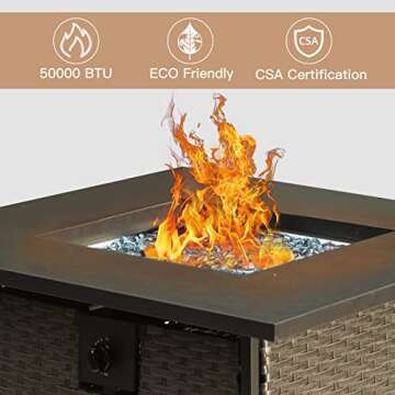 Domi Outdoor Living 28in Gas Fire Pit Table,50,000 BTU Outdoor Wicker Patio Propane Firepit w/Blue Glass Rocks, Hideaway Tank Holder, ETL Certification, Cover Lid