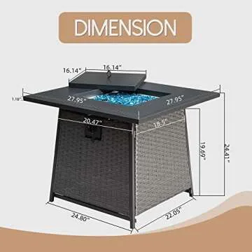 Domi Outdoor Living 28in Gas Fire Pit Table,50,000 BTU Outdoor Wicker Patio Propane Firepit w/Blue Glass Rocks, Hideaway Tank Holder, ETL Certification, Cover Lid