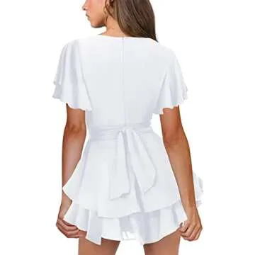 Hocuos Women's Dress Cute Deep V-Neck Short Sleeve Skater Dress Tie Waist Layer Ruffle Hem A Line Swing Casual Mini Dress-White-Medium