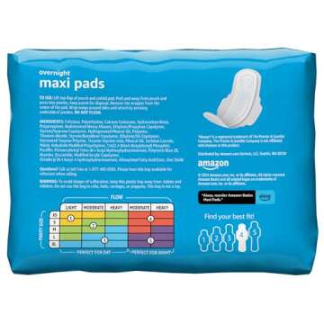 Amazon Basics Thick Maxi Pads with Wings for Periods - Overnight Absorbency, Unscented, Size 4, 112 Count (4 Packs of 28) (Previously Solimo)
