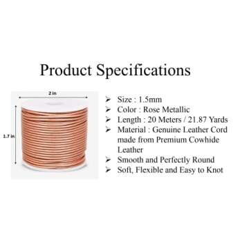GENIQUE Real/Genuine Round Leather String Cord for Necklace, Bracelets, Jewelry, Kumihimo Braiding, DIY Projects (20 Metres) (1.5mm, Rose Gold Metallic)
