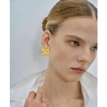 ENSKEFEN Minimalist Hammered Gold Earrings for Women Trendy Irregular Wavy Gold Stud Earrings Boho Statement Gold Geometric Earrings Vintage Pleated Stud Earrings