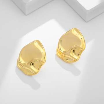 ENSKEFEN Minimalist Hammered Gold Earrings for Women Trendy Irregular Wavy Gold Stud Earrings Boho Statement Gold Geometric Earrings Vintage Pleated Stud Earrings