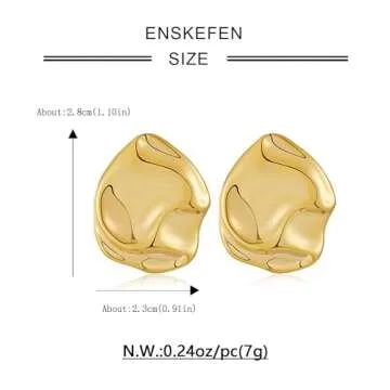 ENSKEFEN Minimalist Hammered Gold Earrings for Women Trendy Irregular Wavy Gold Stud Earrings Boho Statement Gold Geometric Earrings Vintage Pleated Stud Earrings