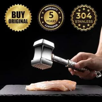 Gourmet Easy Stainless Steel Meat Tenderizer Mallet - Durable & Versatile Cooking Tool with 5-Year W...