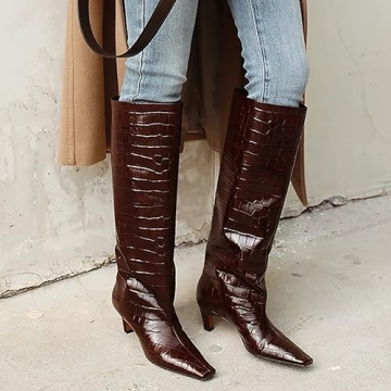 Stylish Vegan Leather Crocodile Knee High Boots