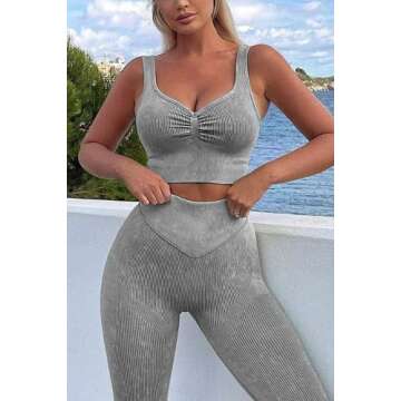 ABOCIW Seamless Ribbed Workout Sets for Women 2 Piece, Gym Yoga Sweetheart Neck Crop Tank Bra Tummy Control Butt Lifting High Waist Legging Sets Sportwear 01 Gray Small