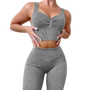 ABOCIW Seamless Ribbed Workout Sets for Women 2 Piece, Gym Yoga Sweetheart Neck Crop Tank Bra Tummy Control Butt Lifting High Waist Legging Sets Sportwear 01 Gray Small
