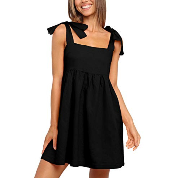 Clarisbelle Women Summer Casual Beach Mini Dress Tie Strap A-Line Sleeveless Sundress Black S