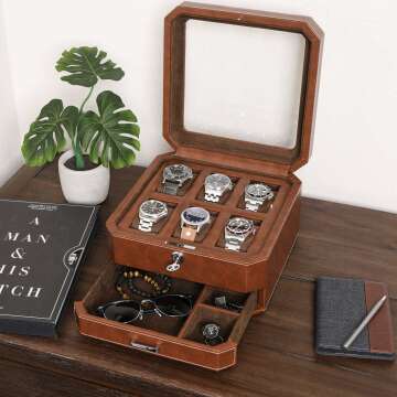 Leather Watch Box with Drawer - 6 Slot Organizer