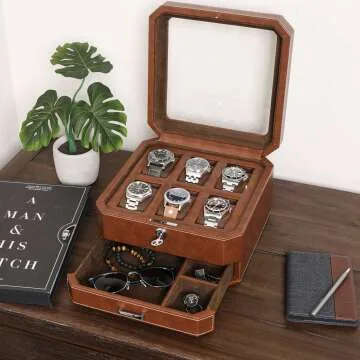 Leather Watch Box with Drawer - 6 Slot Organizer