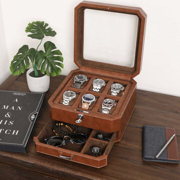 Leather Watch Box with Drawer - 6 Slot Organizer