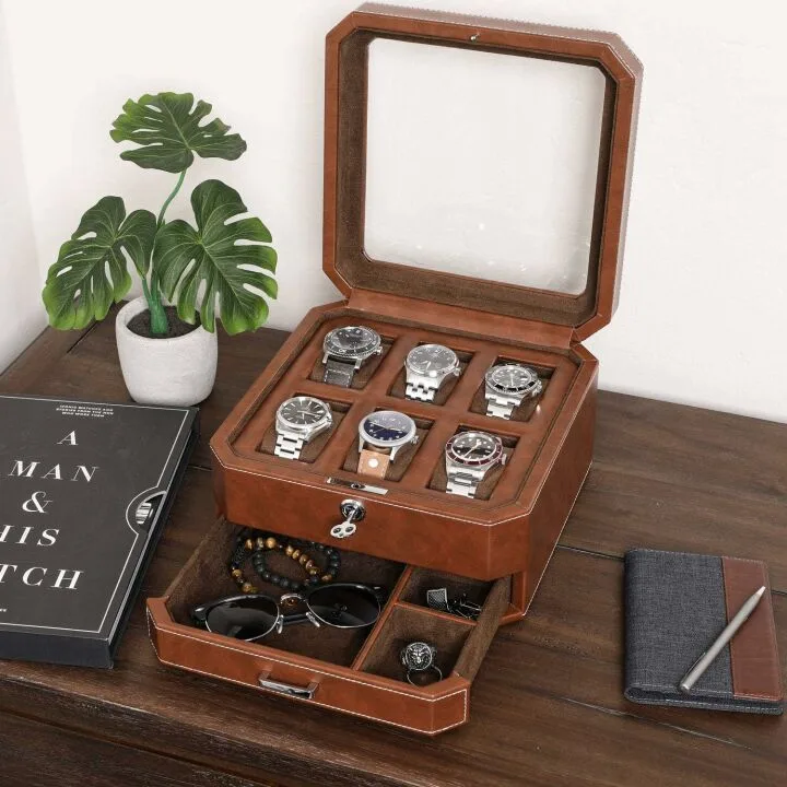 Leather Watch Box with Drawer - 6 Slot Organizer