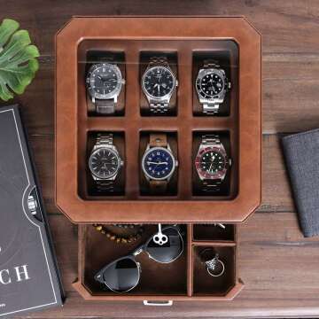Leather Watch Box with Drawer - 6 Slot Organizer
