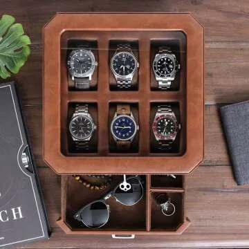 Leather Watch Box with Drawer - 6 Slot Organizer