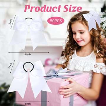 Yunlly 50 Pcs White Cheer Bows 8 Inch Large Hair Bows for Cheerleaders Ponytail Holder Elastic Band ...