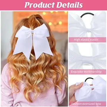 Yunlly 50 Pcs White Cheer Bows 8 Inch Large Hair Bows for Cheerleaders Ponytail Holder Elastic Band Hair Bow Ties for Teen Girls College Sports Cheerleading Accessories