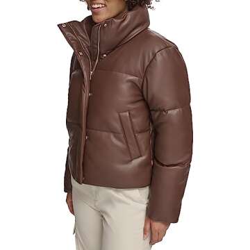 Levi's Women's Vegan Leather Quilted Short Puffer Jacket, Chocolate Brown