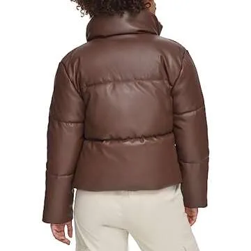 Levi's Women's Vegan Leather Quilted Short Puffer Jacket, Chocolate Brown