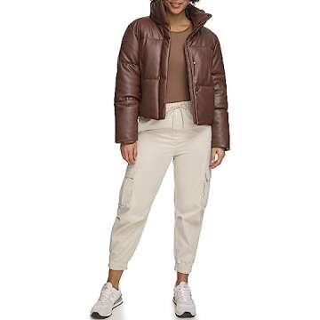 Levi's Women's Vegan Leather Quilted Short Puffer Jacket, Chocolate Brown