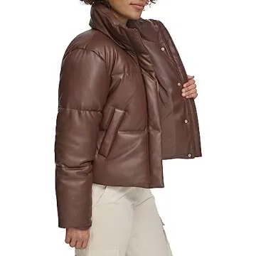 Levi's Women's Vegan Leather Quilted Short Puffer Jacket, Chocolate Brown