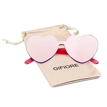 GIFIORE Fashion Heart Sunglasses - Cute Rimless Shades in Pink Mirror Lens