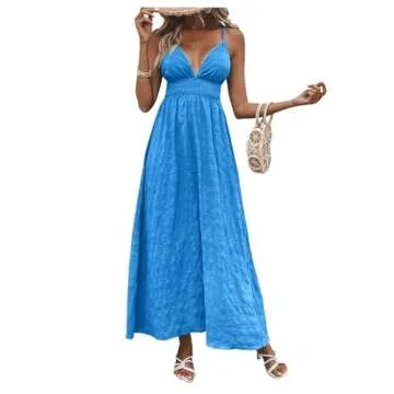 Milumia Women's Summer Crisscross Shirred Cami Dress Open Back Flare Hem A Line Long Dresses Blue X-Small