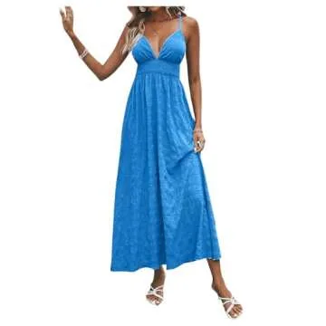 Milumia Women's Summer Crisscross Shirred Cami Dress Open Back Flare Hem A Line Long Dresses Blue X-Small