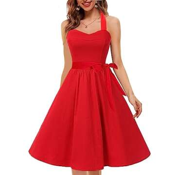 Topdress Women's Vintage Polka Audrey Dress 1950s Halter Retro Cocktail Dress Red XLarge
