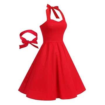 Topdress Women's Vintage Polka Audrey Dress 1950s Halter Retro Cocktail Dress Red XLarge