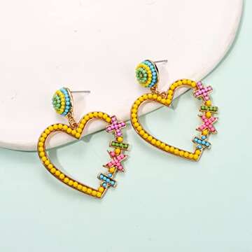 Vogueknock Teacher Earrings for Women Beaded Heart Math Dangle Earrings Students Back to School Jewelry Gifts for Teacher Yellow