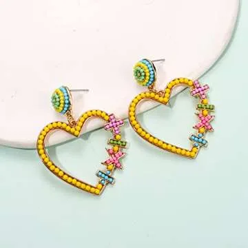 Vogueknock Teacher Earrings for Women Beaded Heart Math Dangle Earrings Students Back to School Jewelry Gifts for Teacher Yellow