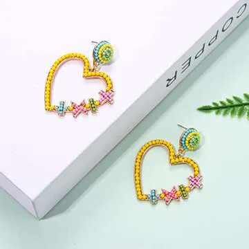 Vogueknock Teacher Earrings for Women Beaded Heart Math Dangle Earrings Students Back to School Jewelry Gifts for Teacher Yellow