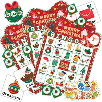 HomSeon 39Pcs Christmas Bingo Game for Kids Adults 24 Players Bingo Cards Christmas Games with Rewar...