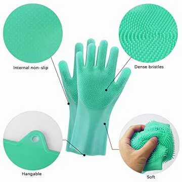 Y-LIFE Magic Wash Gloves, Reusable Silicone Dishwashing Gloves with Scrubbers for Kitchen, Bathroom Cleaning, Pet Hair Care, Car Washing, 2 Pair, Green